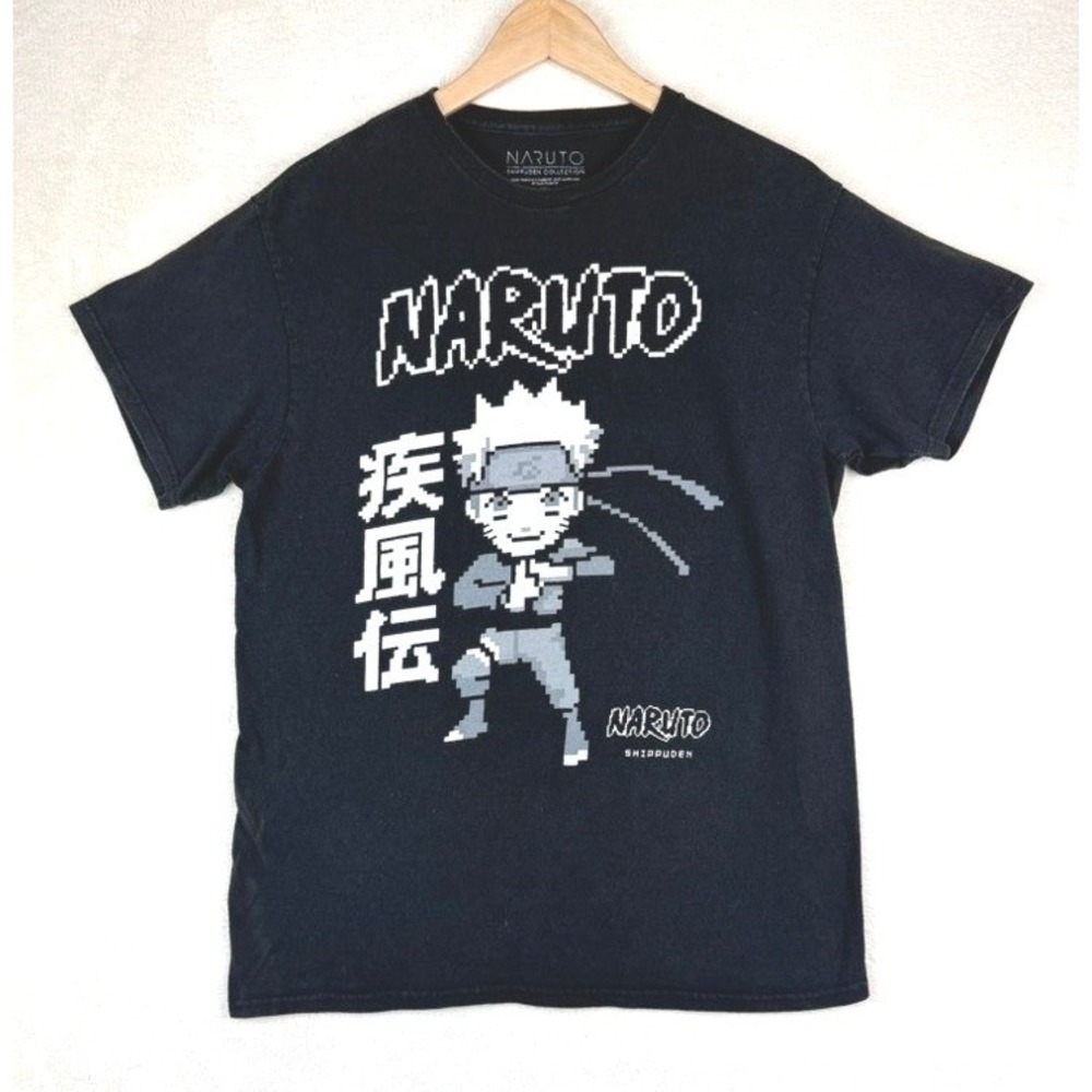 Vintage 2002 Naruto Shippuden Pixel Art 8-Bit Graphic T-Shirt Mens M Black Tee